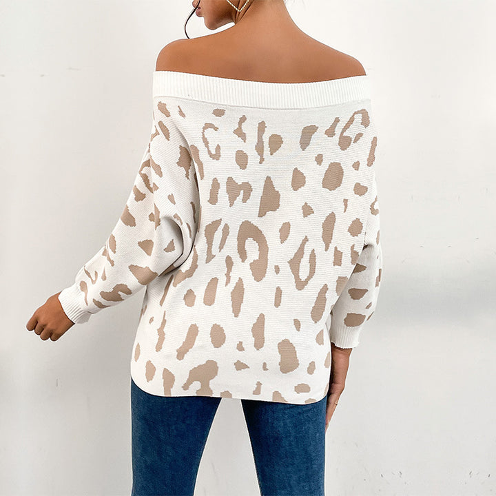 Women's Oversized Off-Shoulder Fine Knit Sweater with Animal Jacquard and Wide Folded Collar Mune Fashion