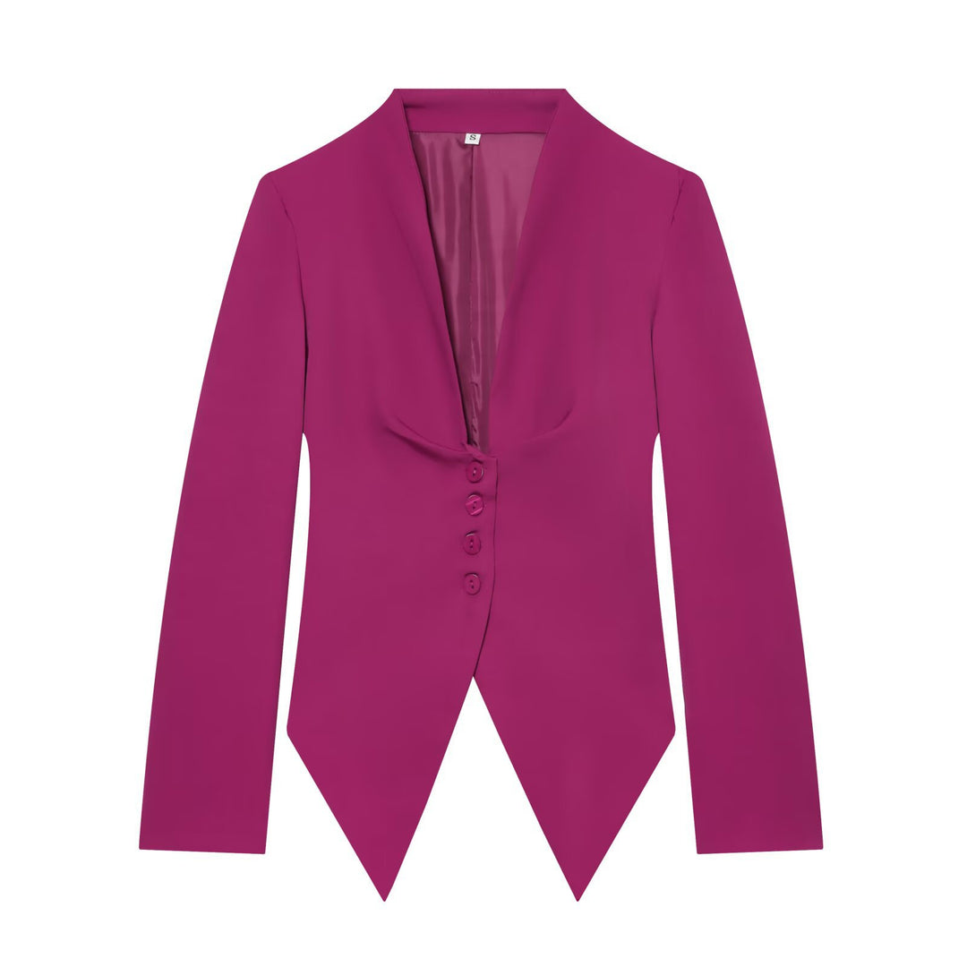 Women's Tailored Cropped Blazer with Pointed Hem and Deep V-Neck Mune Fashion