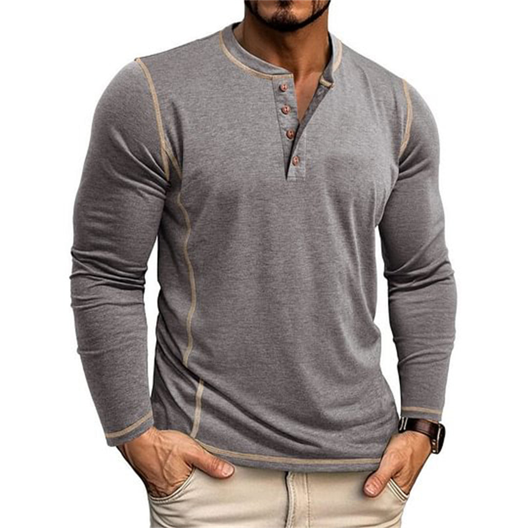Men's Elastic Long Sleeve Henley Shirt with Contrast Stitching and Button Placket EB