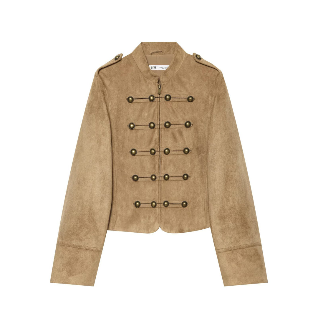 Women's short military-style jacket in faux suede with row of brass buttons Drune