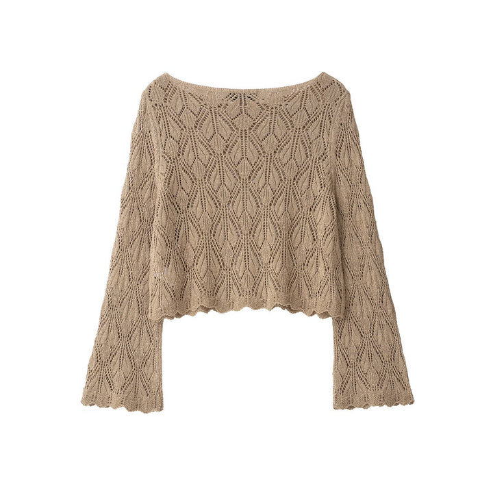 Women's Crocheted Look Cropped Knit Sweater with Openwork Pattern and Bell Sleeves Mune Fashion