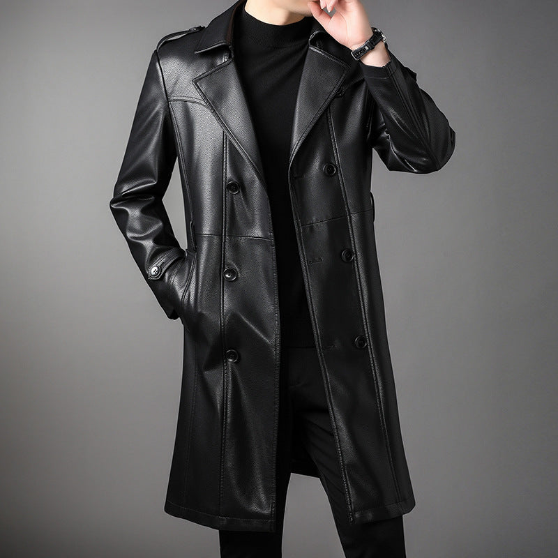 Men's Long Leather Trench Coat with Waist Belt and Double-Breasted Button Placket Mune Fashion