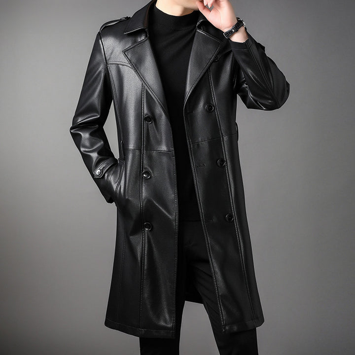 Men's Long Leather Trench Coat with Waist Belt and Double-Breasted Button Placket Mune Fashion