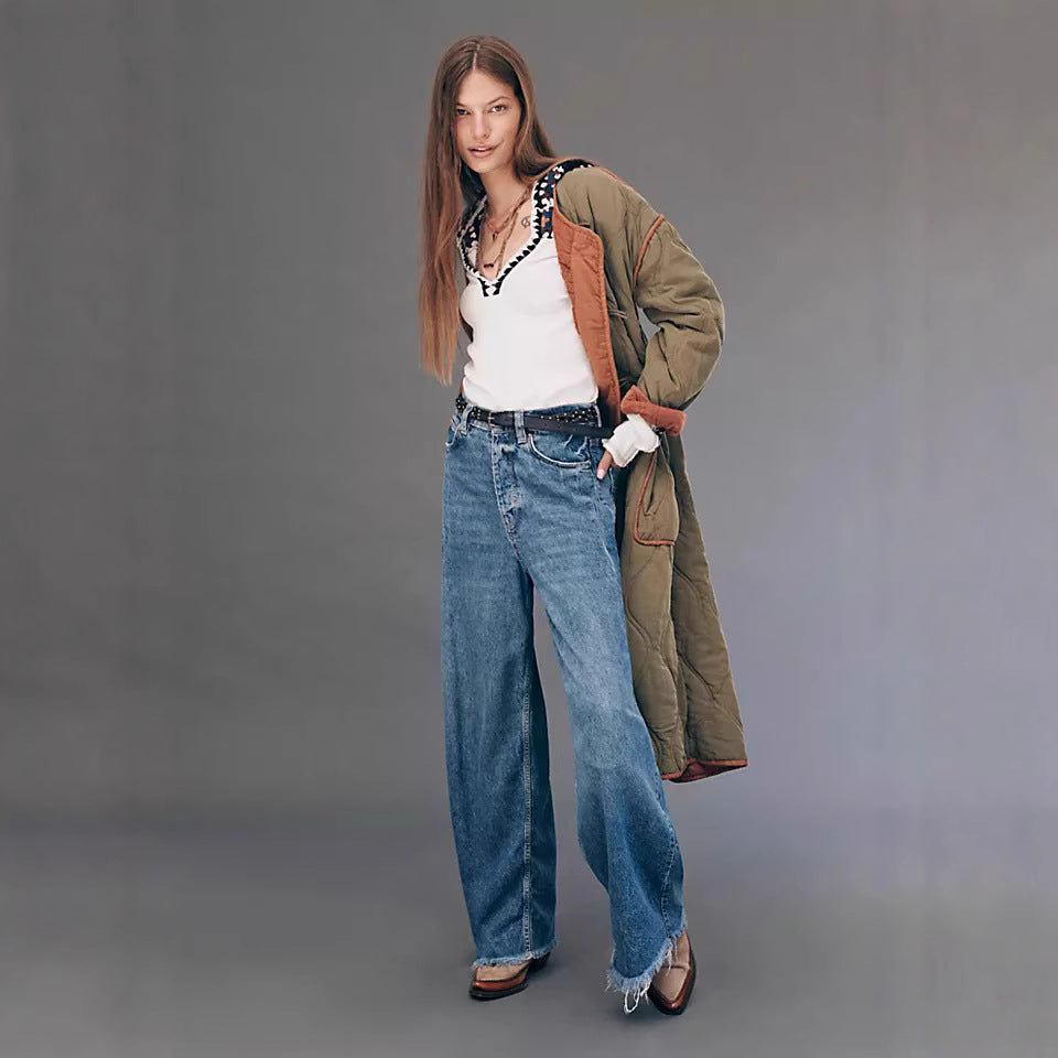 Women's extra-wide high-waist palazzo jeans made of denim with raw hem and vintage wash Mune Fashion