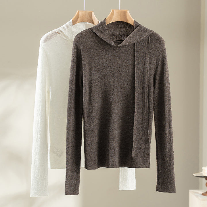 Women's fine knit pullover with asymmetrical tubular collar and draped scarf section Mune Fashion