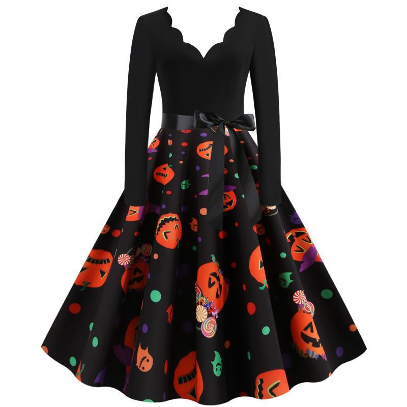 Women Retro Festive Halloween Dress with Wavy Neckline, Tailored Fit, and Soft Flared Skirt Mune Fashion