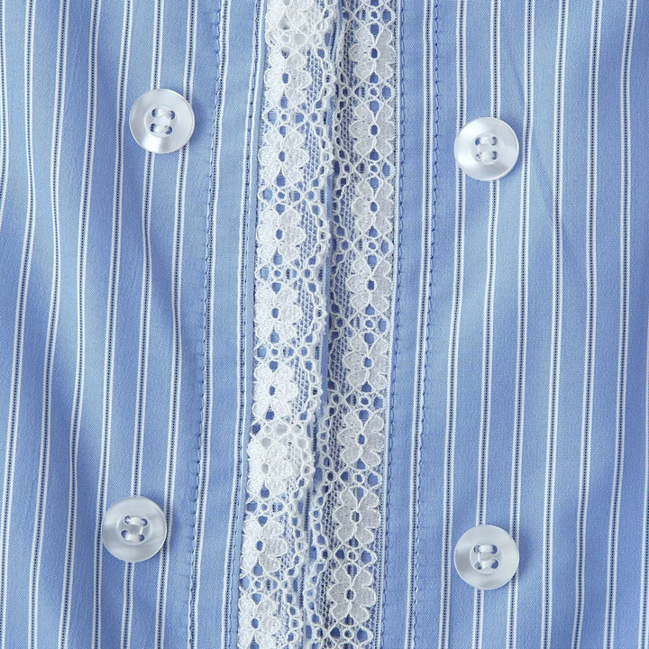 Women Striped Short Blouse with Lace Trim and Double Button Placket Mune Fashion
