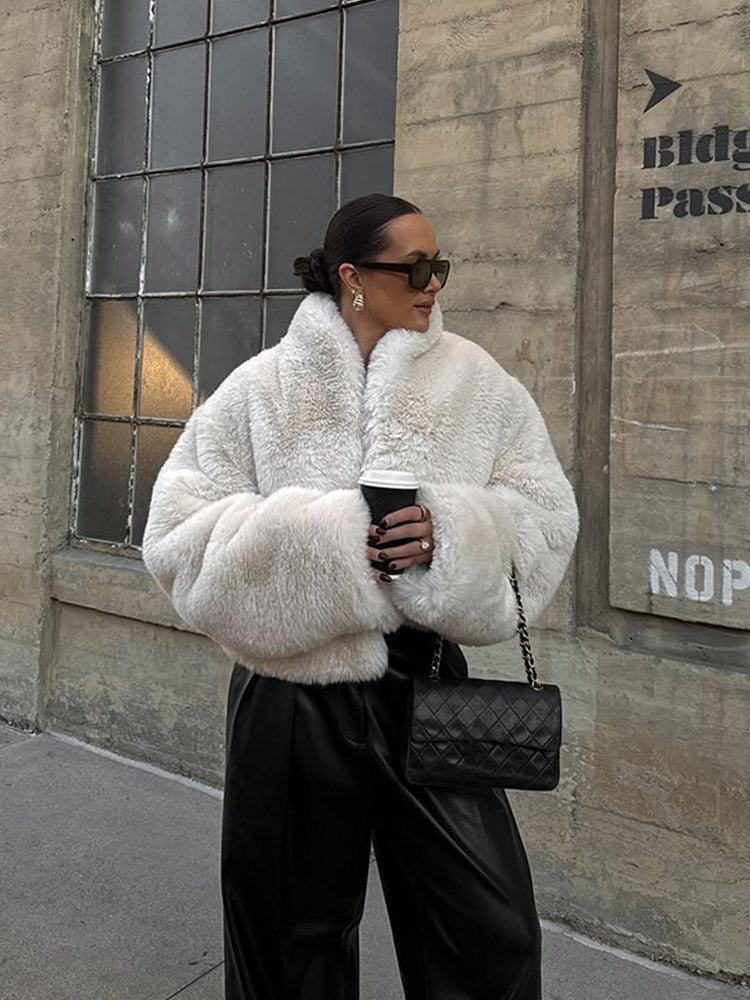 Women's Short Cozy Faux-Fur Bomber Jacket with Voluminous Shawl Collar and Boxy Silhouette Mune Fashion