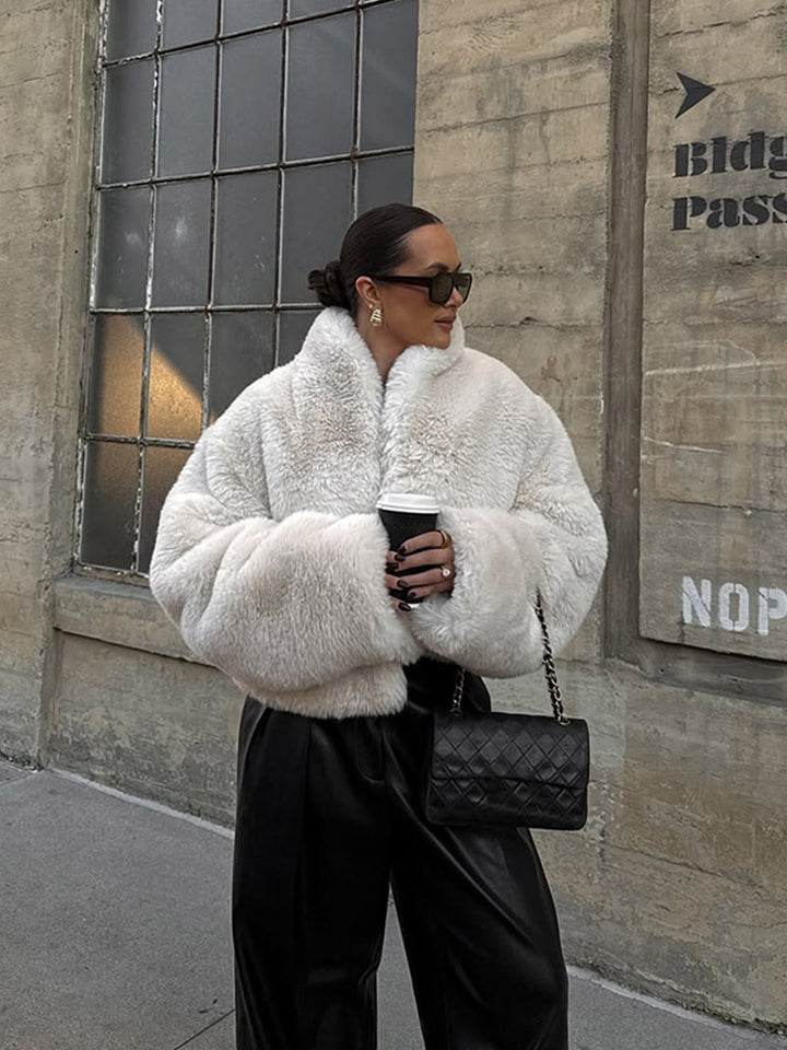 Women's Short Cozy Faux-Fur Bomber Jacket with Voluminous Shawl Collar and Boxy Silhouette Mune Fashion