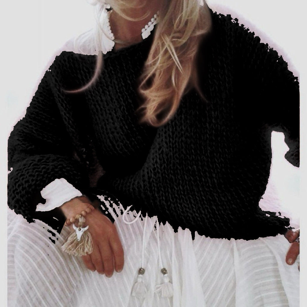 Women's Short Cut Fluffy Chunky Knit Sweater with Dropped Shoulder Mune Fashion