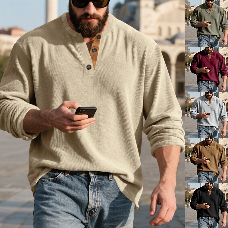 Men's long-sleeve Henley shirt made of structured cotton blend with decorative button placket Mune Fashion