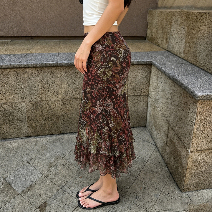 Women Chiffon Midi Skirt with Layered Ruffle, Paisley Print and Asymmetrical Hem Mune Fashion