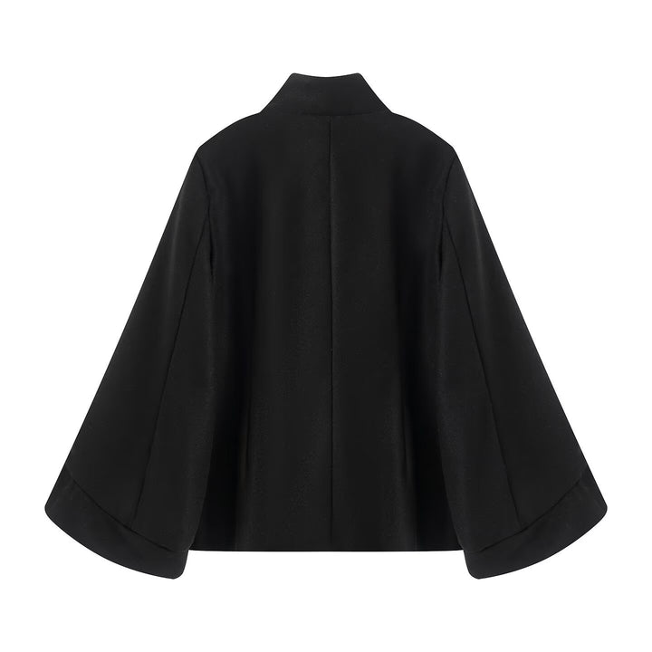 Women's Short Double-Breasted Wool Blend Coat with Stand Collar, Bell Sleeves and Metal Buttons Drune