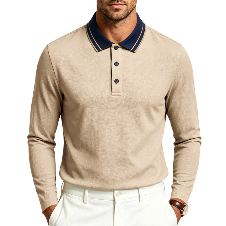 Men's long-sleeve pique polo shirt with contrast collar and triple-button placket Mune Fashion