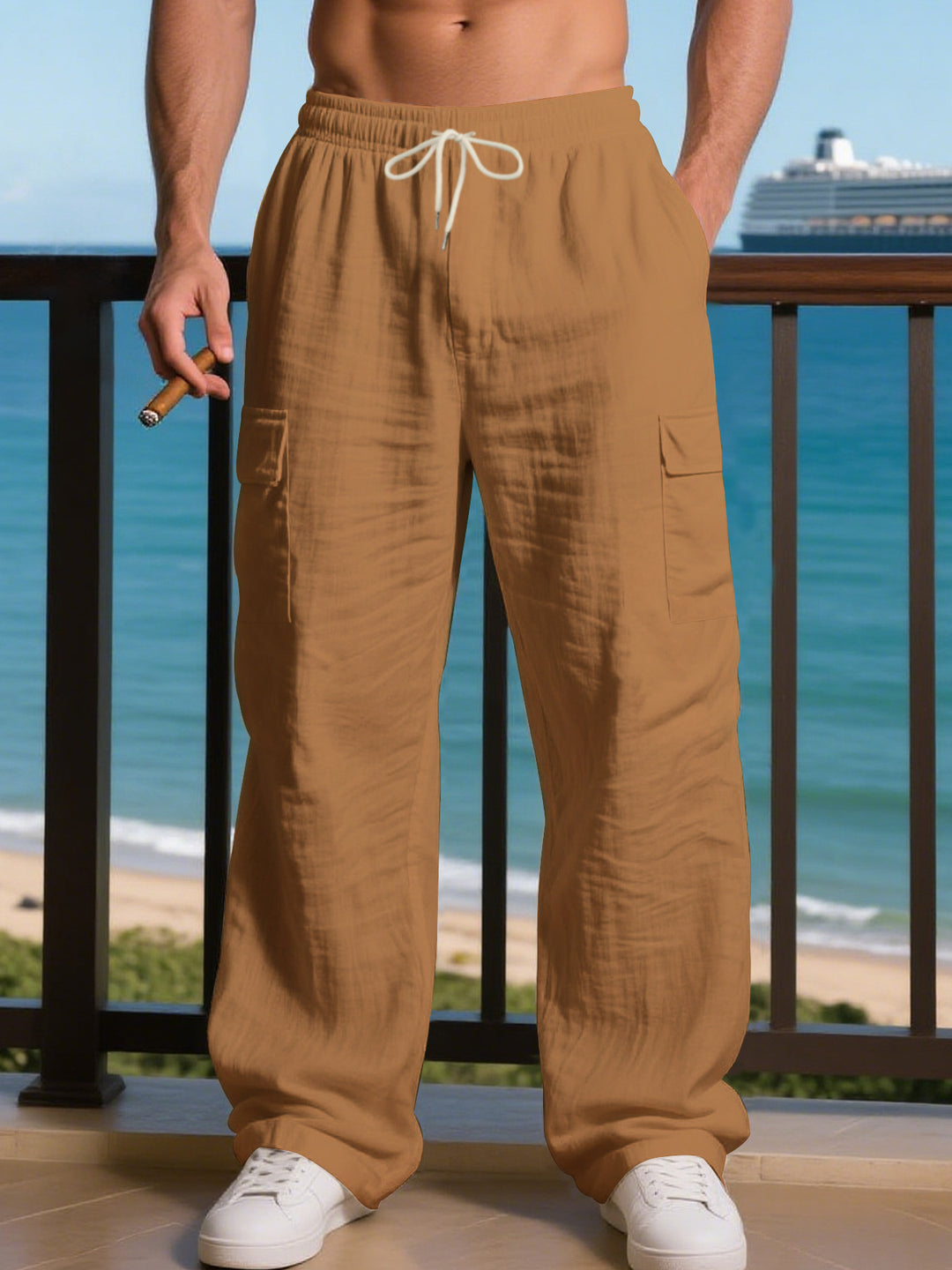 Men's Loose Linen Cargo Casual Pants with Drawstring Waist and Side Patch Pockets Mune Fashion