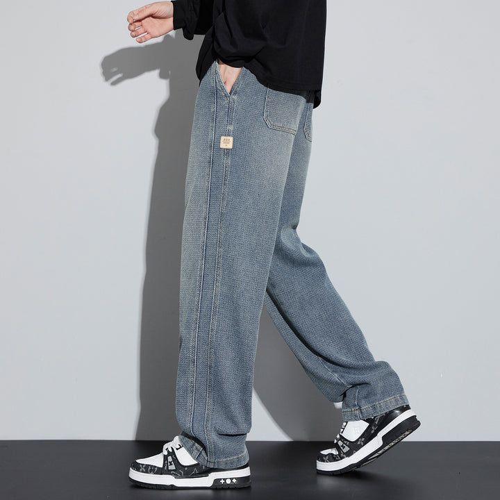 Men's Wide Denim Jogging Pants with Woven Drawstring and Herringbone Texture Mune Fashion