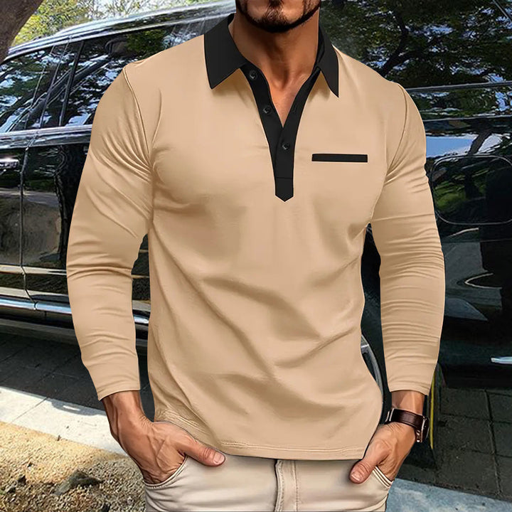 Men's stretchy long-sleeve polo with contrasting button placket and chest panel Mune Fashion