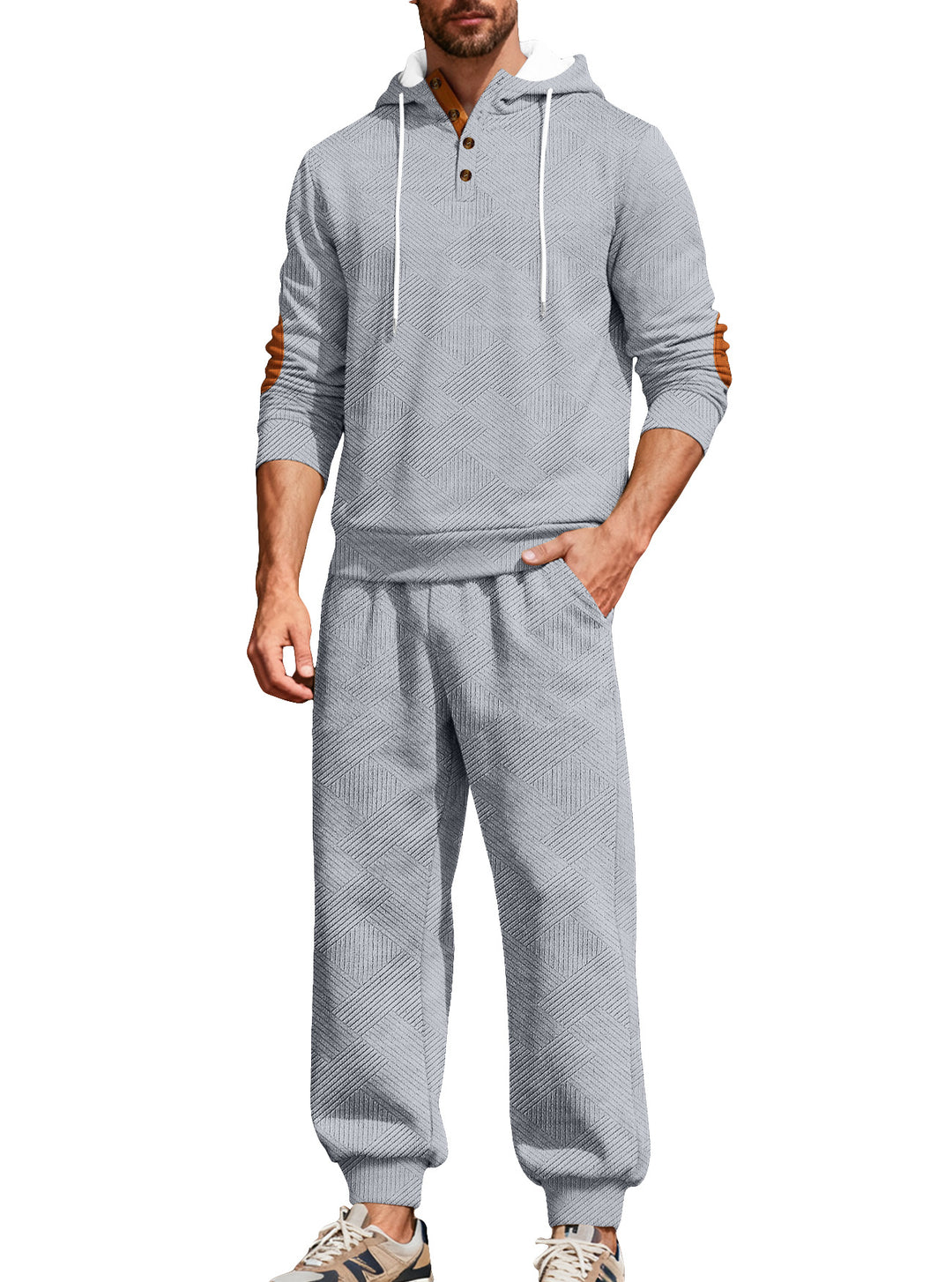 Men's textured hoodie jogging set with Henley button placket and contrast elbow patches Mune Fashion