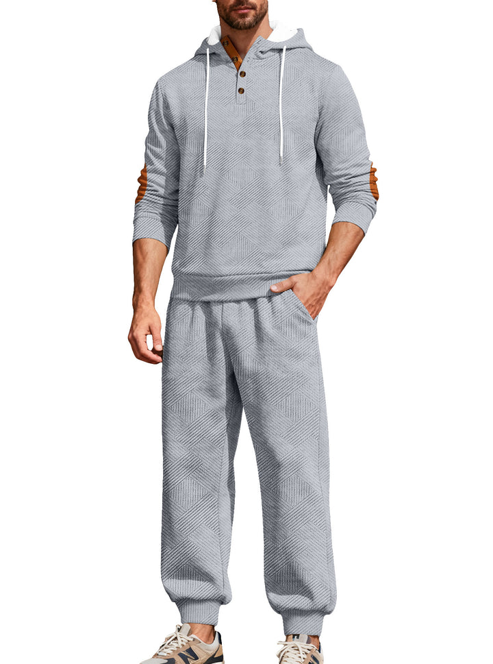 Men's textured hoodie jogging set with Henley button placket and contrast elbow patches Mune Fashion