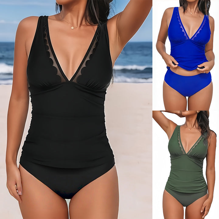 Ladies Stylish Tankini with Deep V-Neck and Ruching Mune Fashion