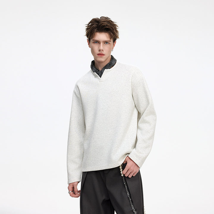 Men's Structured Waffle Thermal Sweater with V-Inset and Loose Fit Mune Fashion