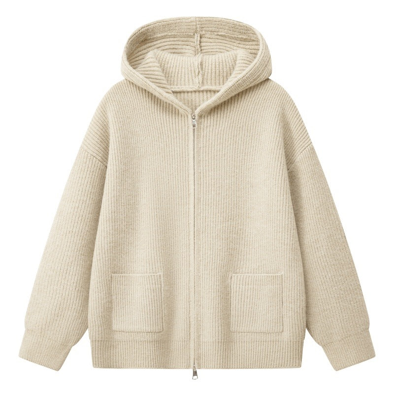 Women's Cozy Oversized Ribbed Knit Hooded Jacket with Two-Way Zipper & Patch Pockets Mune Fashion