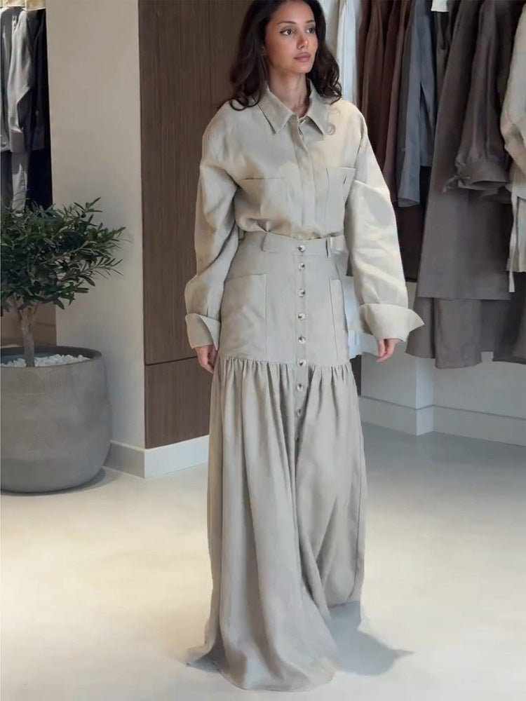 Women Two-Piece Oversized Shirt and Maxi Skirt Set with High Waist & Continuous Button Placket Mune Fashion
