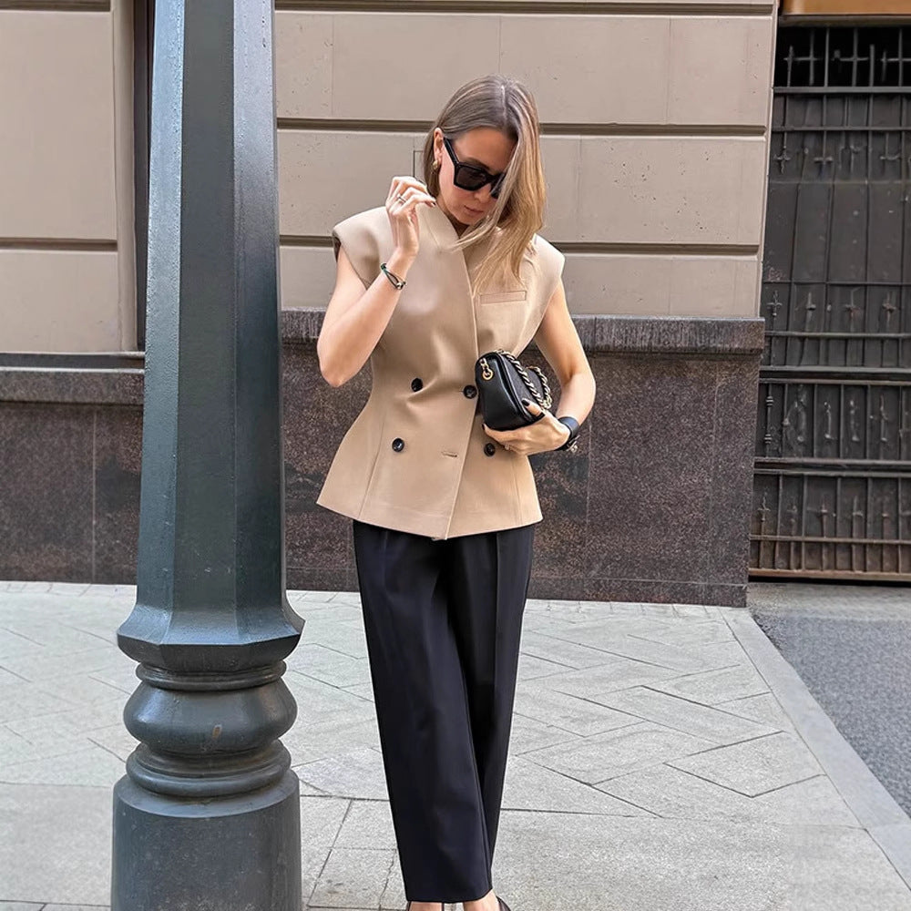 Women's sleeveless tailored blazer vest with double button placket & structured shoulder part Mune Fashion
