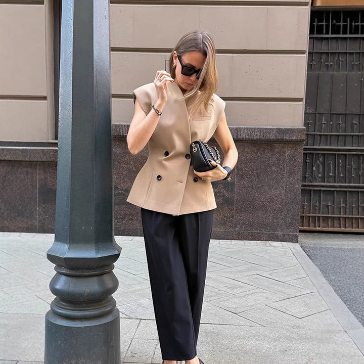 Women's sleeveless tailored blazer vest with double button placket & structured shoulder part Mune Fashion