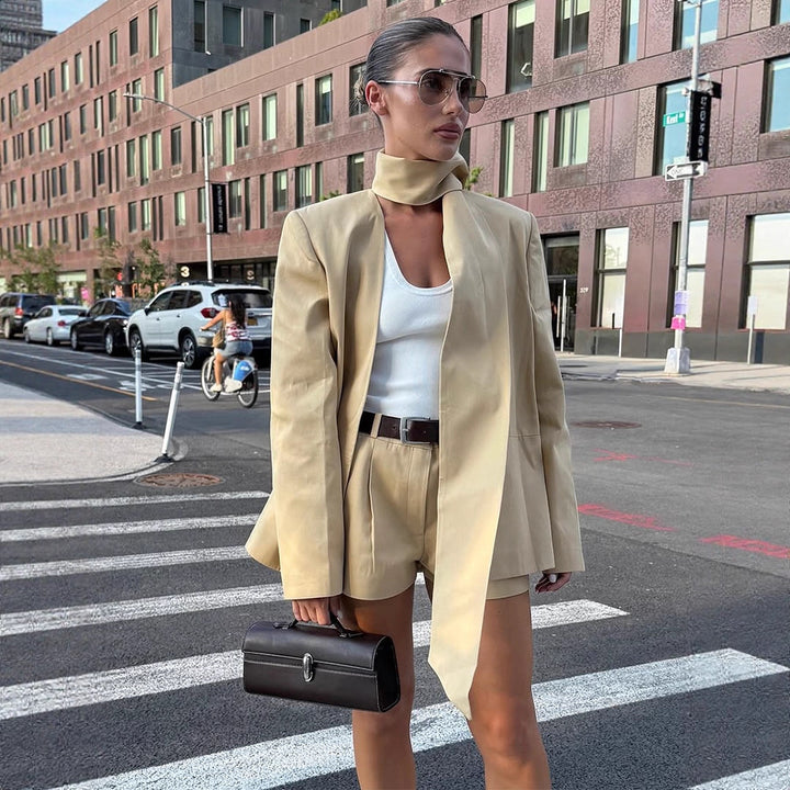 Women's Two-Piece Blazer Set with Long Shawl Collar and High-Waisted Shorts Mune Fashion