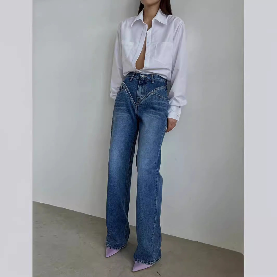 Women's high-waisted wide denim pants with V-shaped waistband seam and extra-long leg Mune Fashion