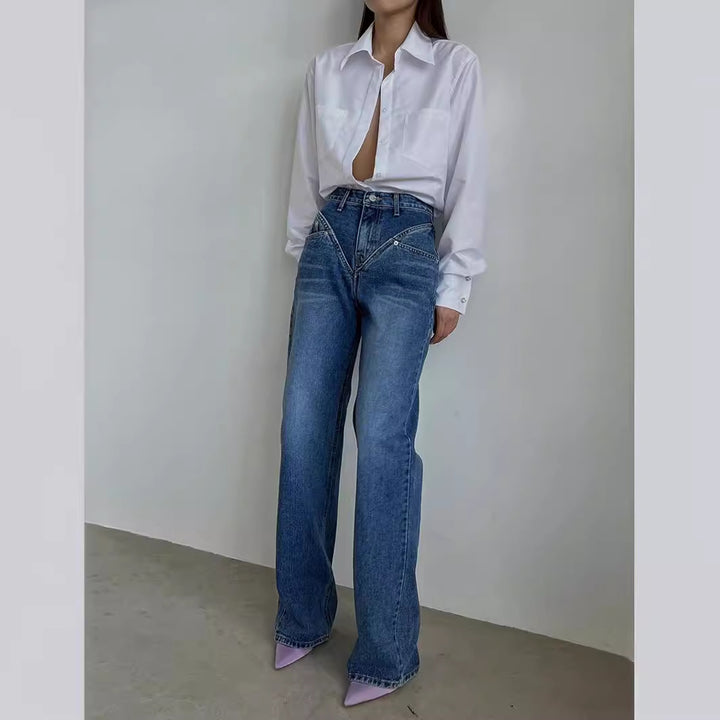 Women's high-waisted wide denim pants with V-shaped waistband seam and extra-long leg Mune Fashion