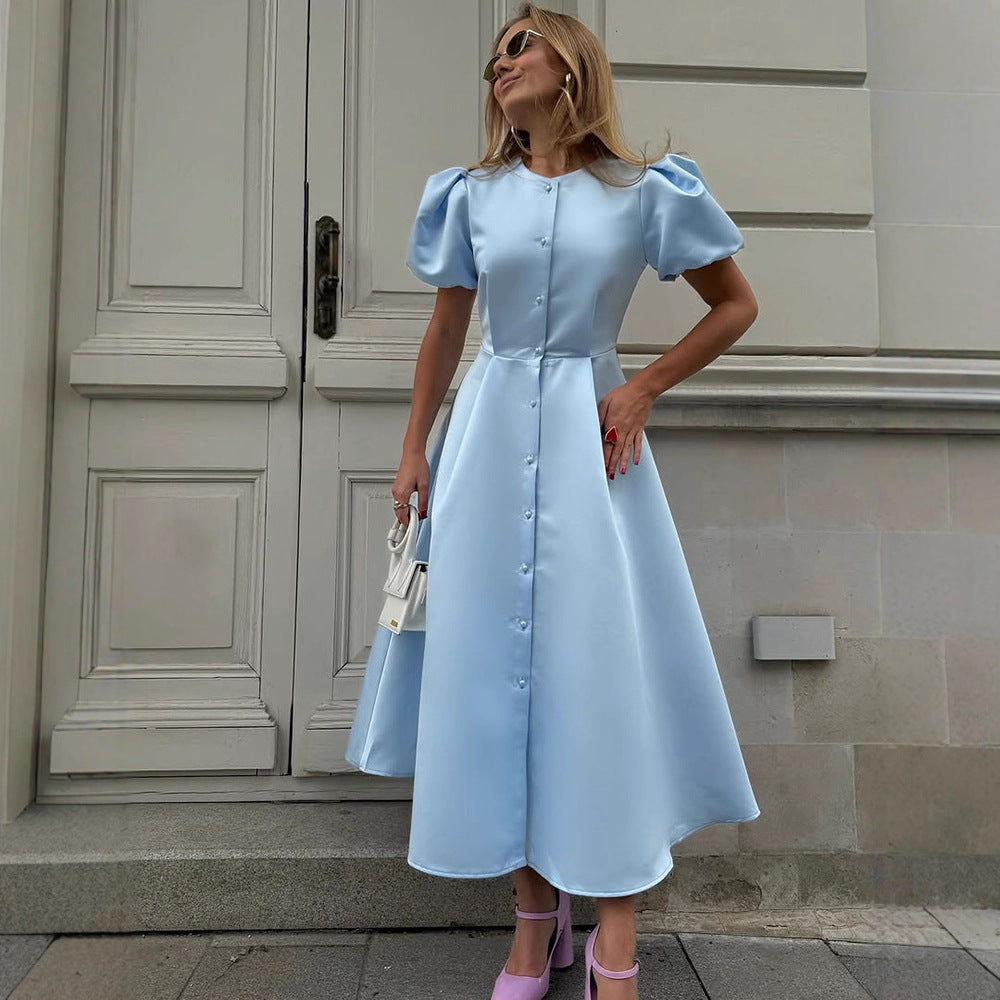 Ladies' midi dress made of satin with voluminous puff sleeves, fitted A-line and continuous button placket Mune Fashion