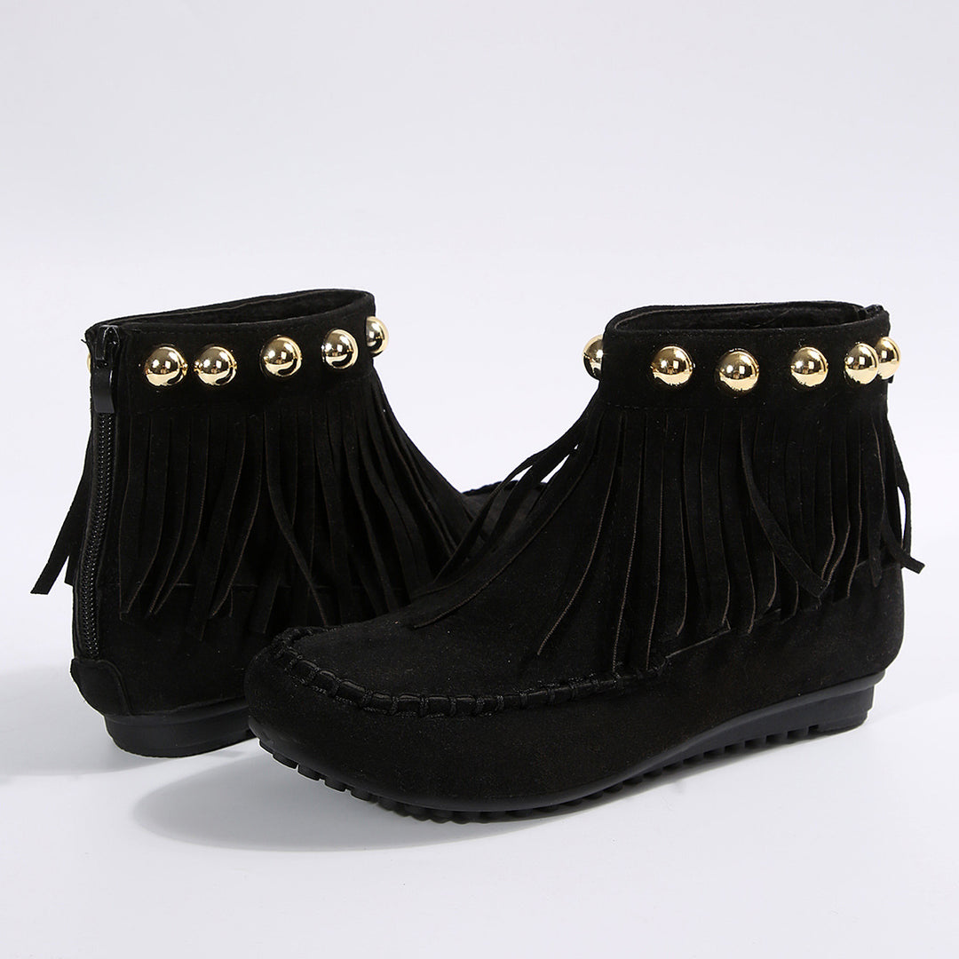 Women's Fringe Moccasin Ankle Boot with Decorative Rivets and Back Zipper Mune Fashion