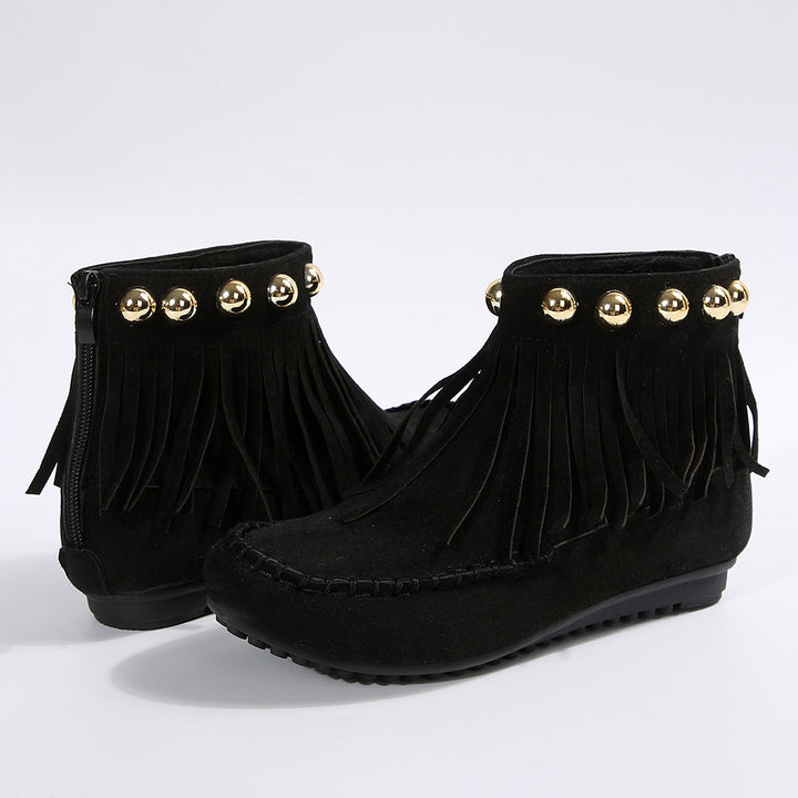 Women's Fringe Moccasin Ankle Boot with Decorative Rivets and Back Zipper Mune Fashion