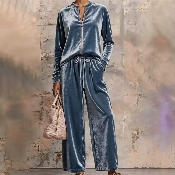 Women's velvety lounge set with stand-up collar zip top and drawstring pants Mune Fashion