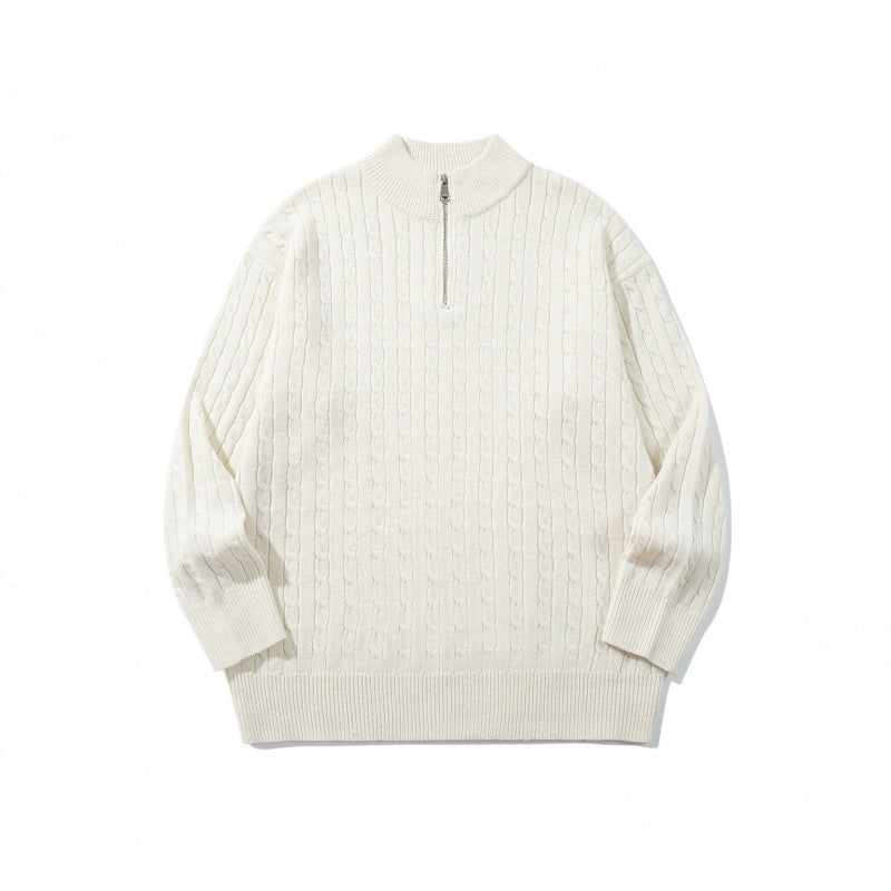 Unisex Oversize Braided Knit Half-Zip Sweater with Short Stand-Up Collar and Wide Ribbed Hem Mune Fashion