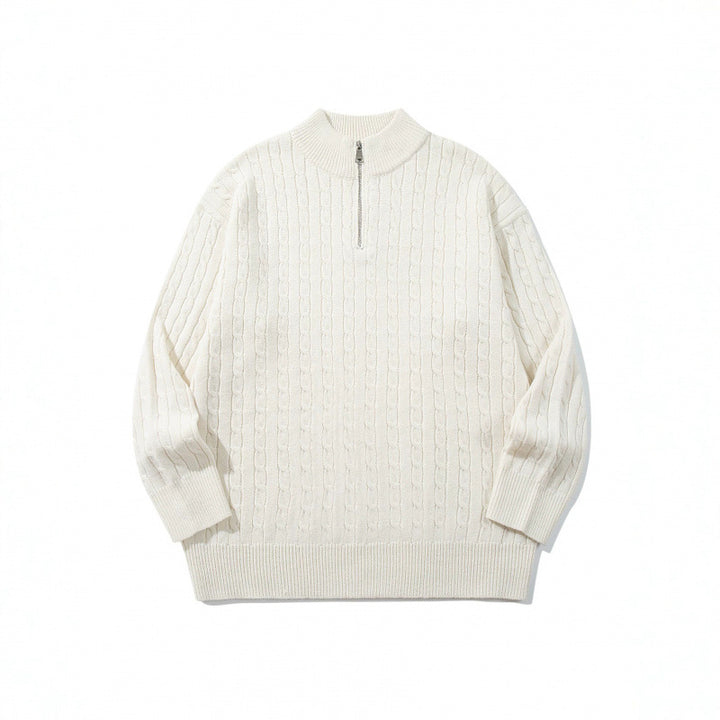 Unisex Oversize Braided Knit Half-Zip Sweater with Short Stand-Up Collar and Wide Ribbed Hem Mune Fashion