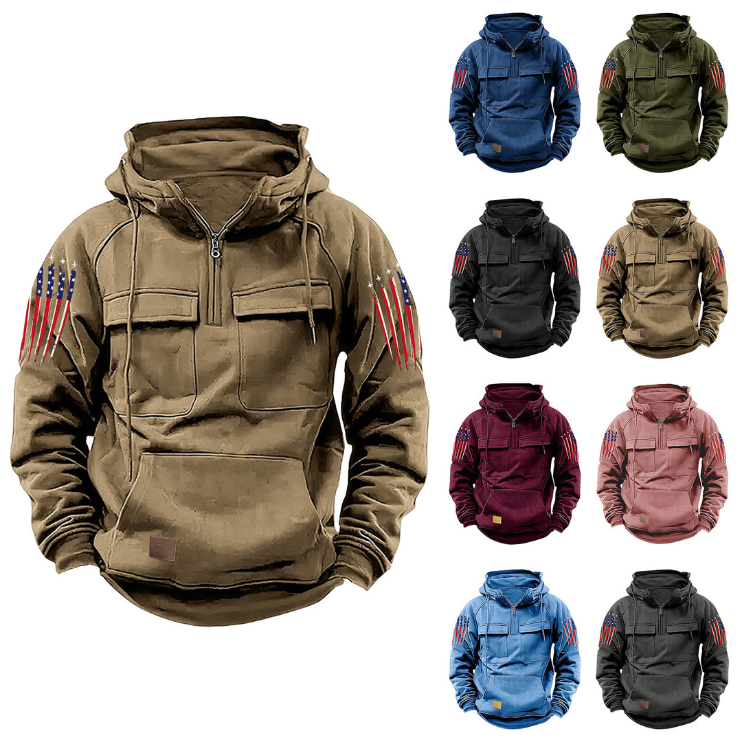 Men's hooded sweatshirt with half zip, cargo chest pockets and kangaroo pocket Mune Fashion