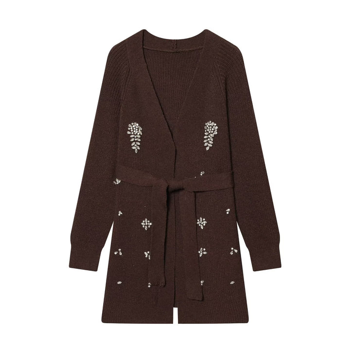 Women's long cardigan with tie belt and gemstone appliqué Mune Fashion