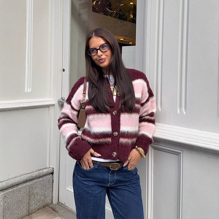 Women's Striped Mohair Blend Knit Cardigan with Button Placket and Cozy Cropped Cut Mune Fashion