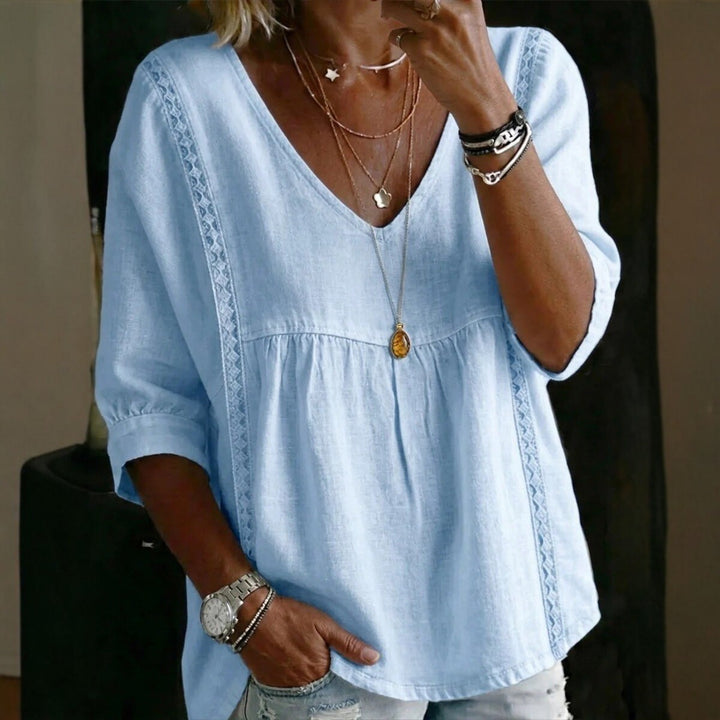 Women Loose V-Neck Linen Blouse with Lace and 3/4 Sleeves Mune Fashion