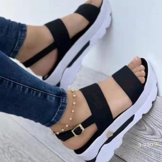 Ladies platform sandals with thick tread sole, two wide straps and adjustable heel strap Mune Fashion