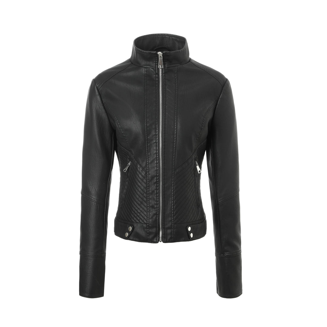 Women's Tailored Leather Jacket with Stand-Up Collar and Quilted Panels Mune Fashion
