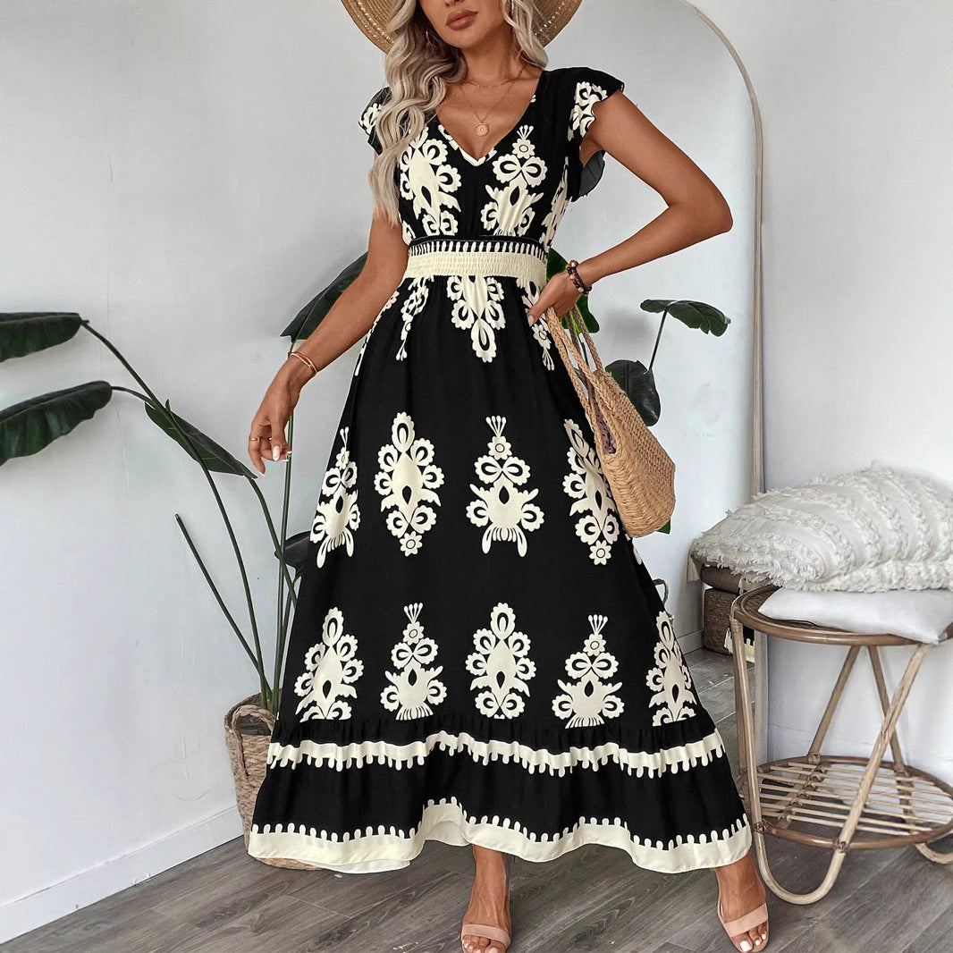 Women’s Boho Long Dress with V-neck, fitted stretch waistband and contrasting ornament print Mune Fashion