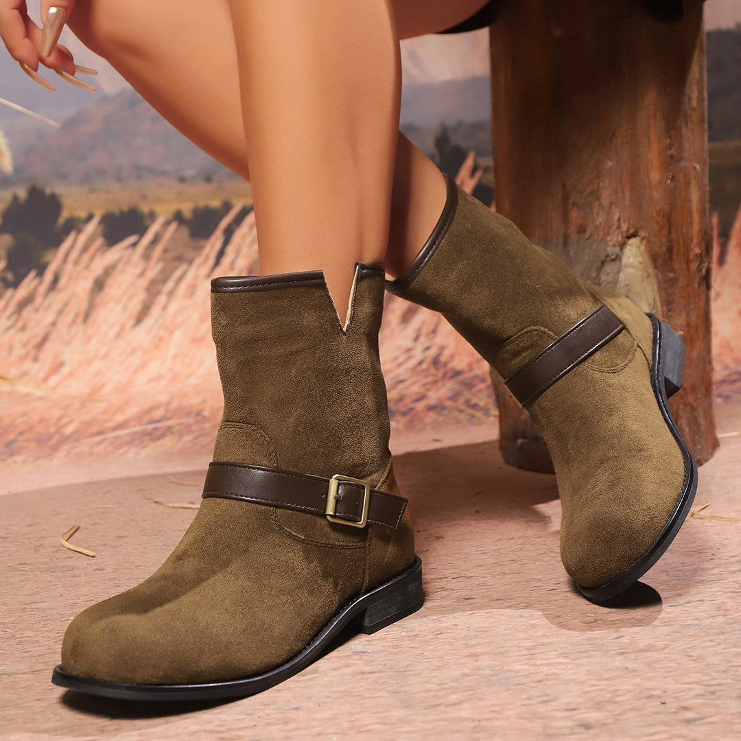 Women Velour Ankle Boots with Decorative Strap and Buckle Accent Mune Fashion
