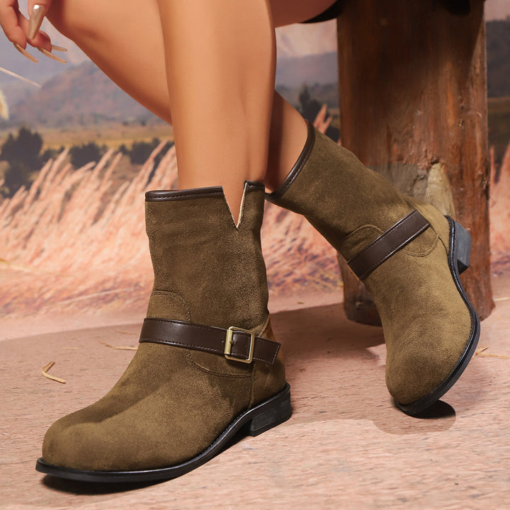 Women Velour Ankle Boots with Decorative Strap and Buckle Accent Mune Fashion