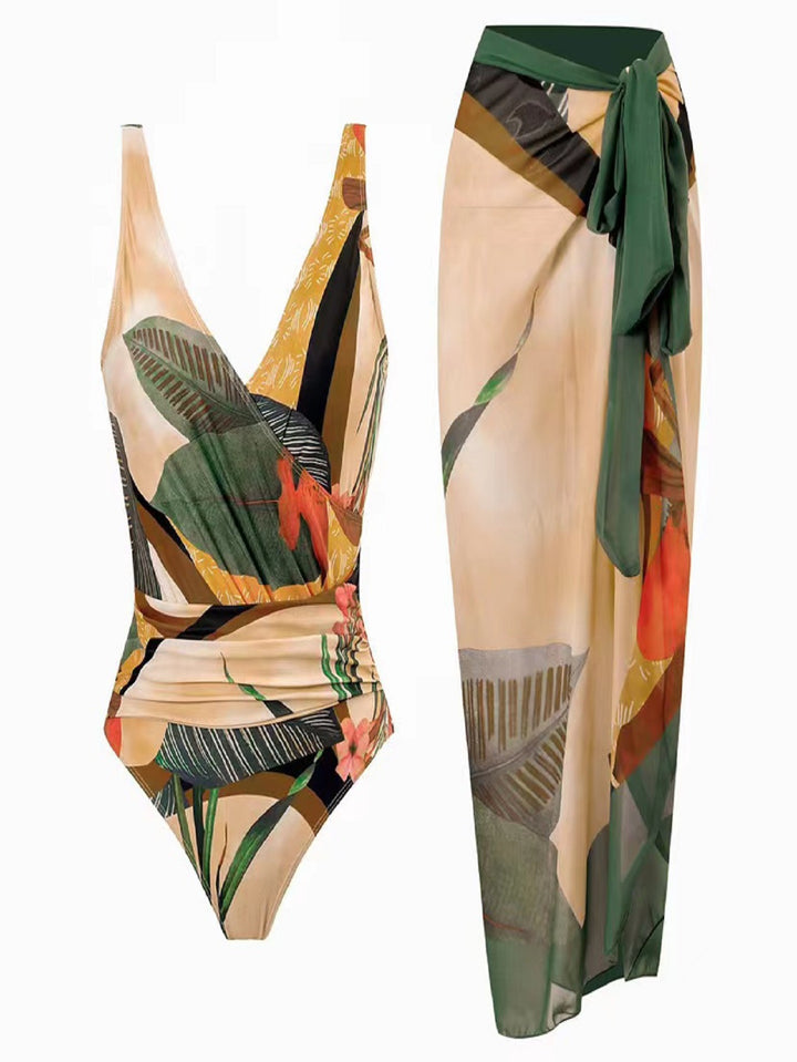 Ladies' one-piece swimsuit with floral wrap skirt Mune Fashion