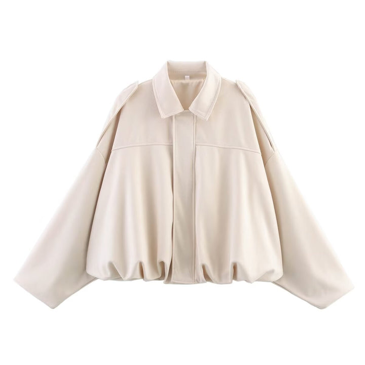 Women's Oversized Short Jacket with Balloon Hem, Shoulder Pads and Concealed Front Placket Mune Fashion