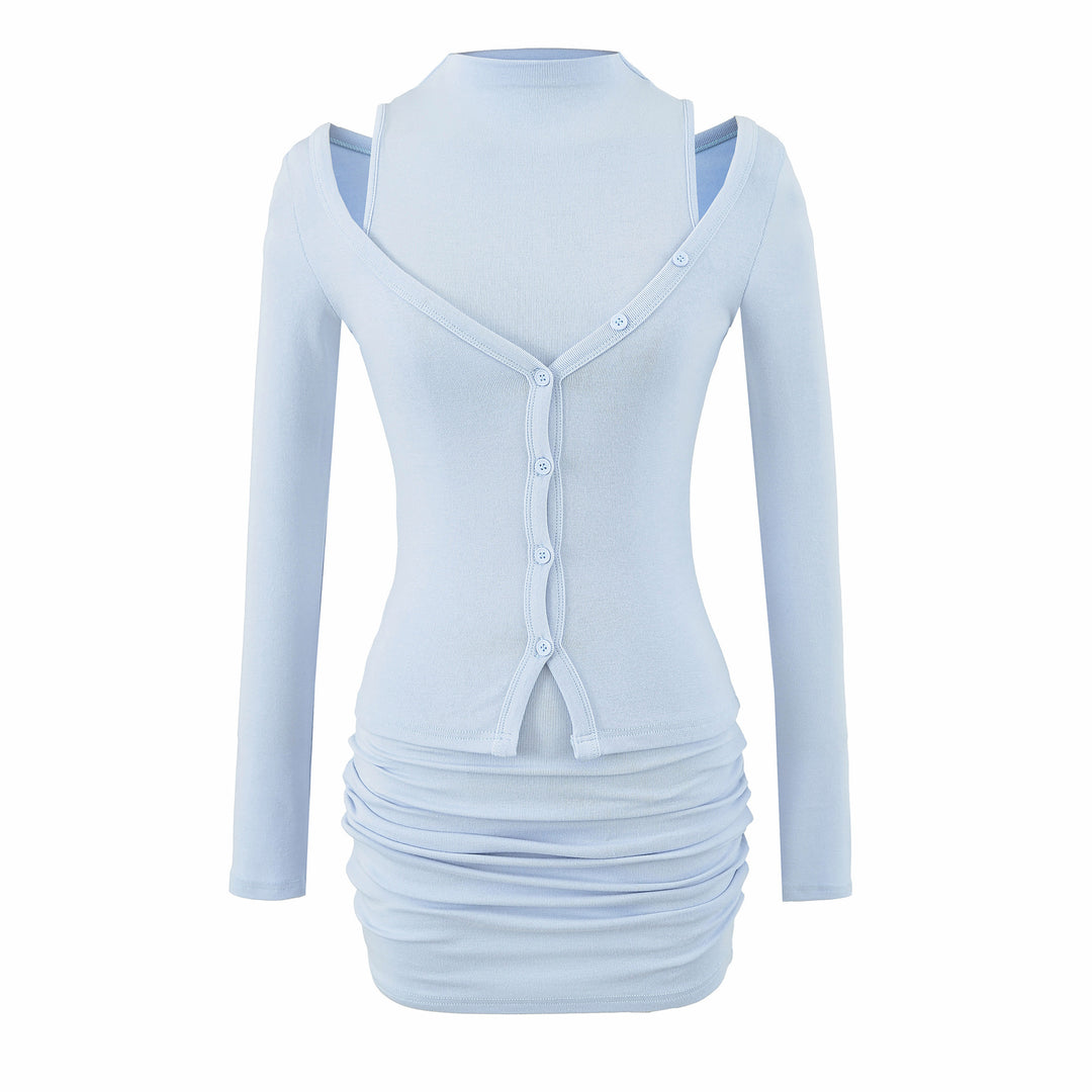 Ladies two-piece knit set with integrated high neck vest and asymmetric button cardigan Mune Fashion